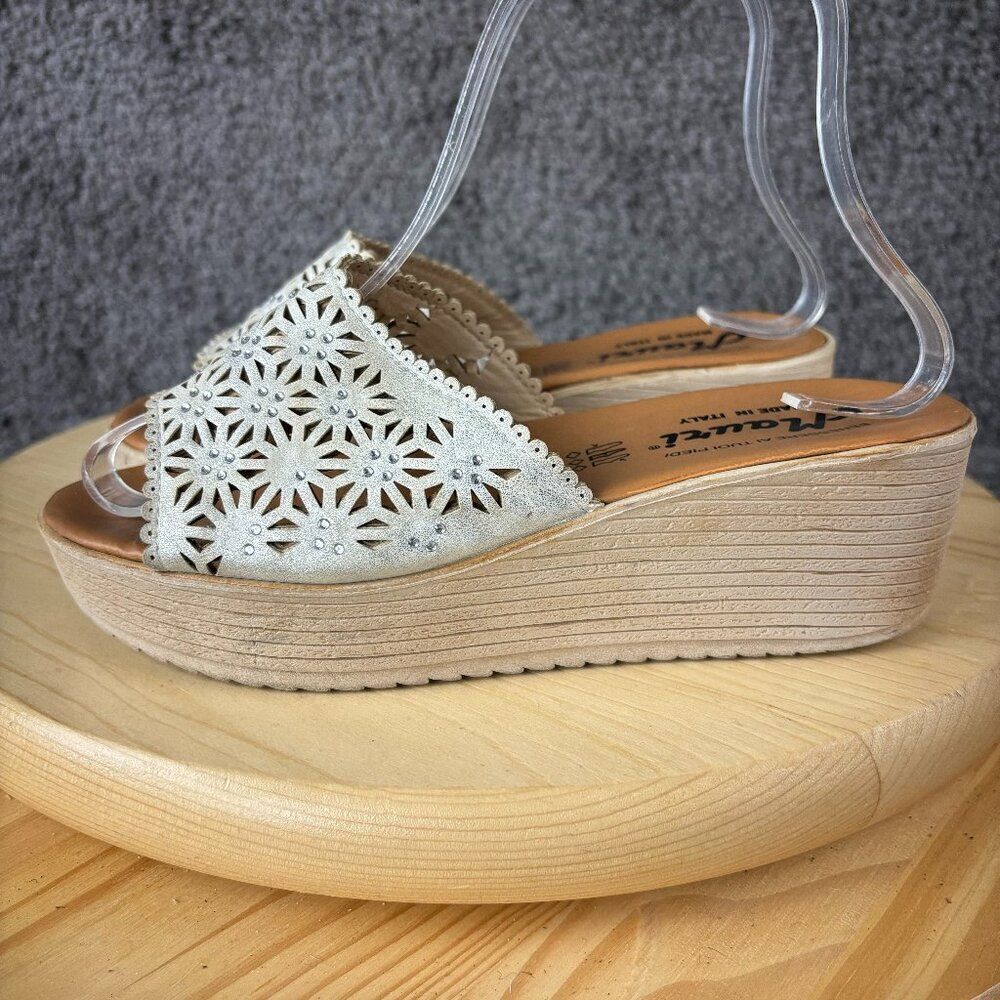 Mauri Wedge Heel Leather Sandals Womens 6.5 White Platform Shoe Made in Italy